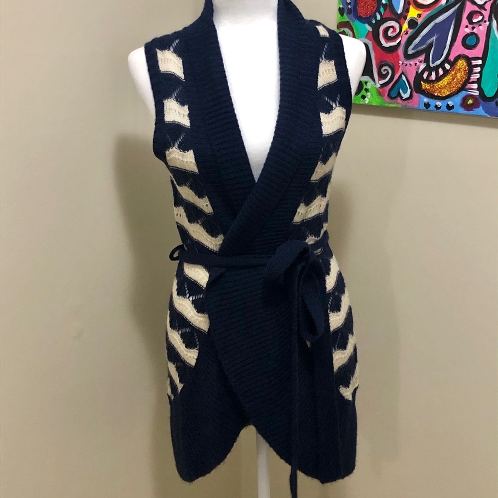 Maurices navy and cream striped cardigan vest